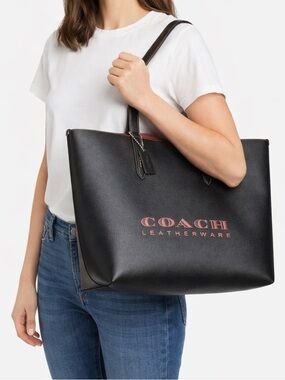 Coach “Highline” Tote Black Pebbled Leather Burgundy Interior Large NWOT